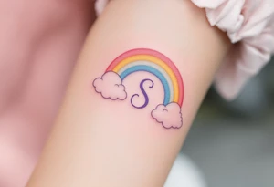 A pastel rainbow with letter "S" with soft cloud outlines. tattoo idea