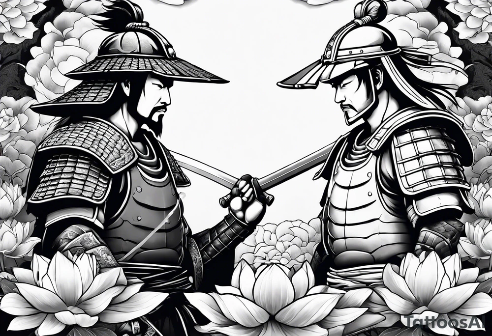 Samurai warrior and spartan warrior facing off, include lotus flowers in the background, both warriors should appear aggressive looking ready for battle tattoo idea