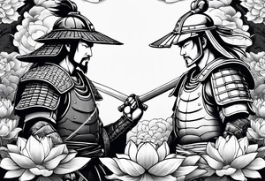 Samurai warrior and spartan warrior facing off, include lotus flowers in the background, both warriors should appear aggressive looking ready for battle tattoo idea