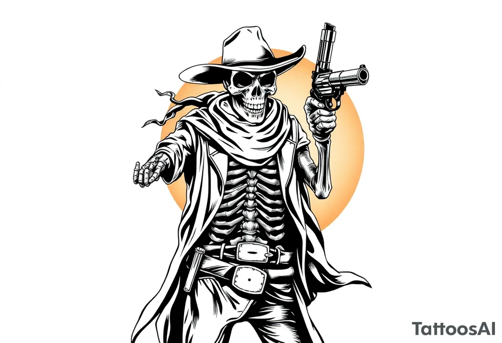 a skeletal gunslinger risen from legend. Sun-bleached bones glint beneath his tattered duster, and wind whips around him like whispers of forgotten duels. With one bony hand, he pulls down a worn bandana, revealing a grinning skull locked in a permanent, menacing sneer. In the other hand, he raises a heavy, timeworn revolver, smoke coiling from its barrel as if it remembers every soul it's sent to the underworld. Behind him, the desert sky burns with the fire of a setting sun, casting long shadows of death and justice. tattoo idea