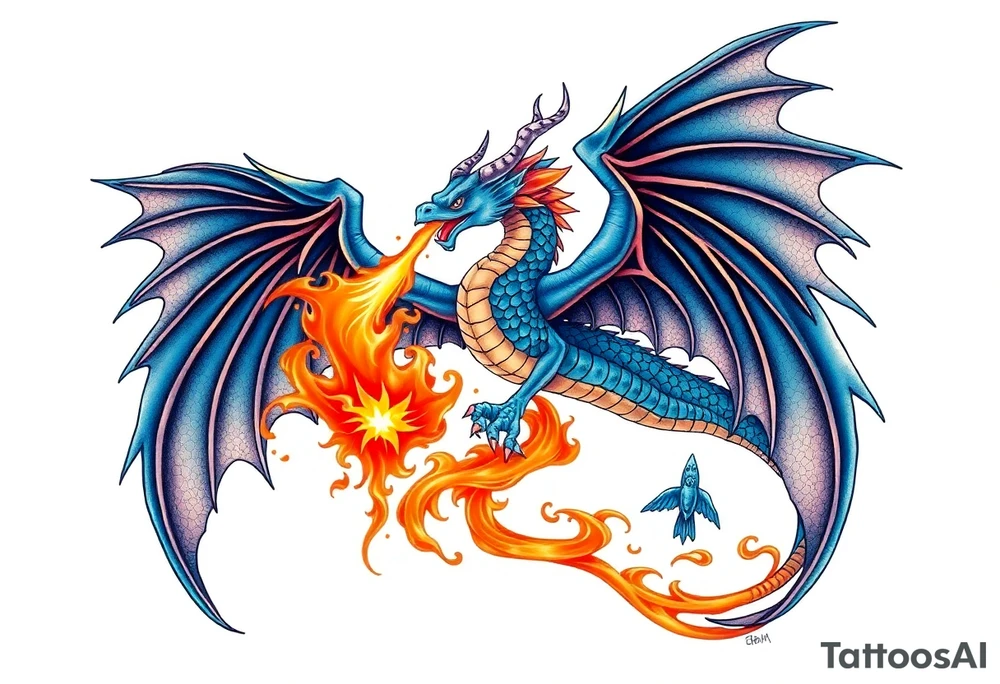 Blue fire breathing dragon with wings spread tattoo idea