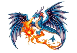 Blue fire breathing dragon with wings spread tattoo idea