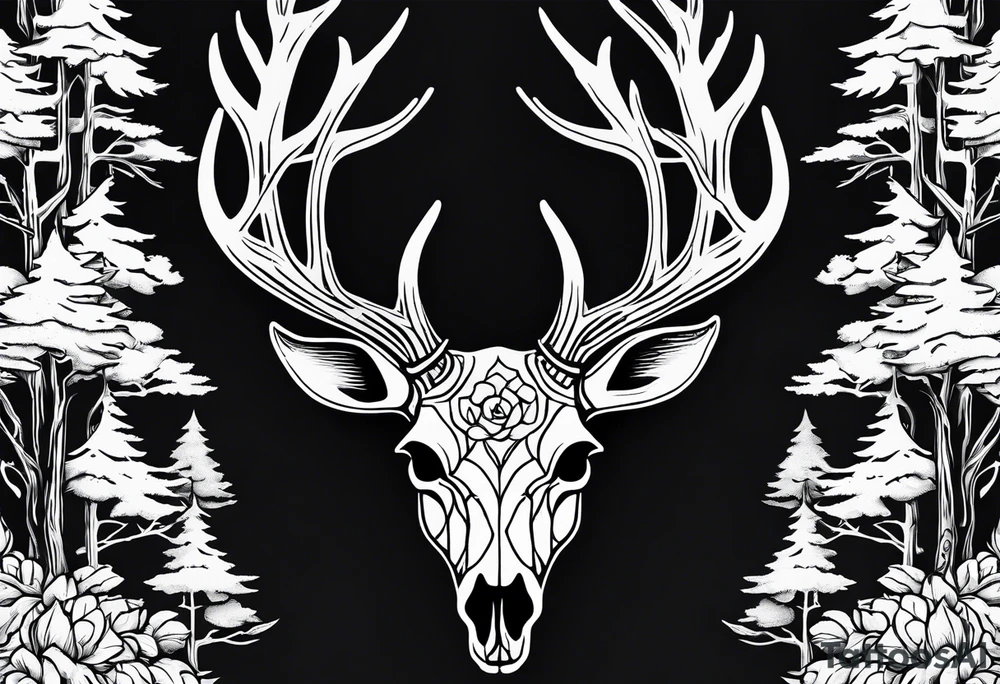 A frightening horror dead deer skull side profile surrounded by a forest fire in background tattoo idea