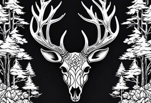 A frightening horror dead deer skull side profile surrounded by a forest fire in background tattoo idea