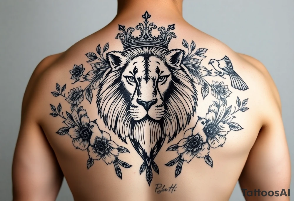 powerful majestic lion with a crown, surrounded by floral ornaments and birds tattoo idea