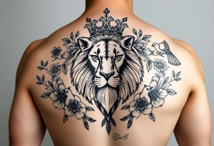 powerful majestic lion with a crown, surrounded by floral ornaments and birds tattoo idea