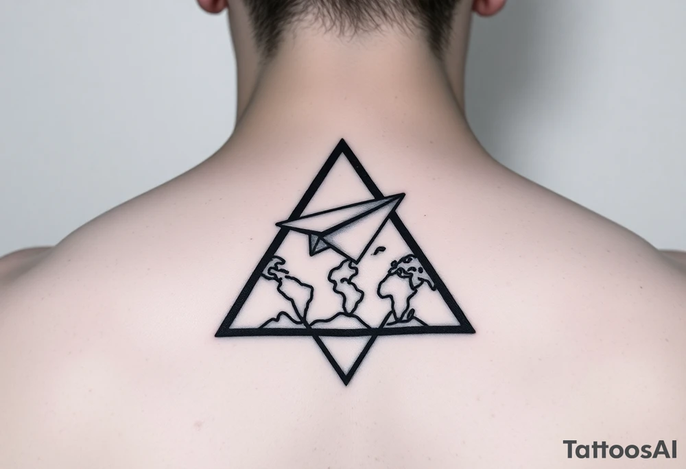 Geometric small triangle with a paper plane flying around the world while being psychedelic with fine thin lines tattoo idea