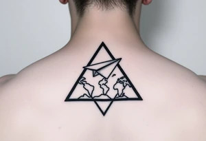 Geometric small triangle with a paper plane flying around the world while being psychedelic with fine thin lines tattoo idea