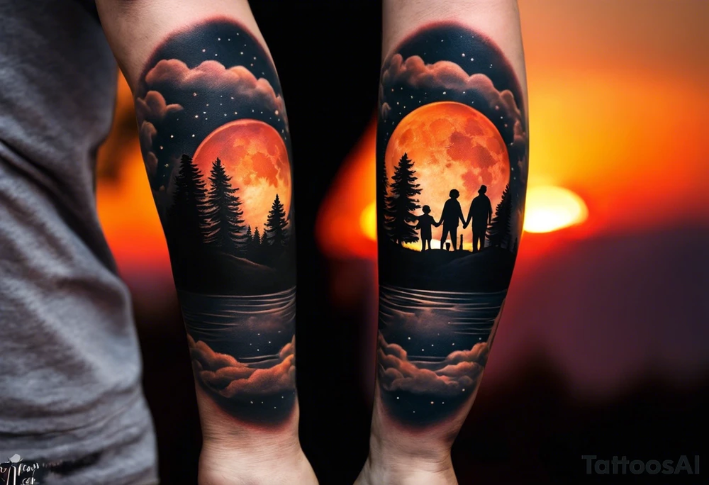 Tattoo of a family of four on a male forearm 
- dad, mom and two boys around a campfire.  Background is a sunset at the bottom, night at the top with a big beautiful moon. I would like the tattoo to be encased in a circle with the words "All that I need is the air that I breathe, and all that I need are things I don't need, and all that really matters is what matters to me". tattoo idea