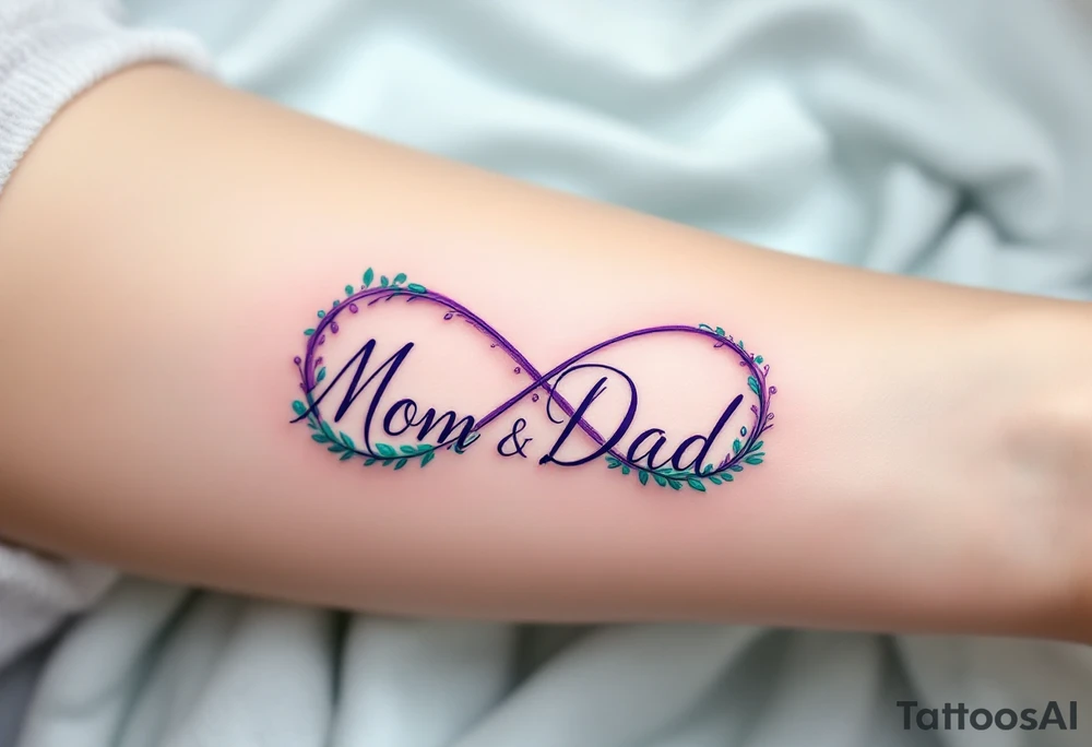 A delicate infinity symbol in violet and emerald green with “Mom  Dad” intertwined. tattoo idea