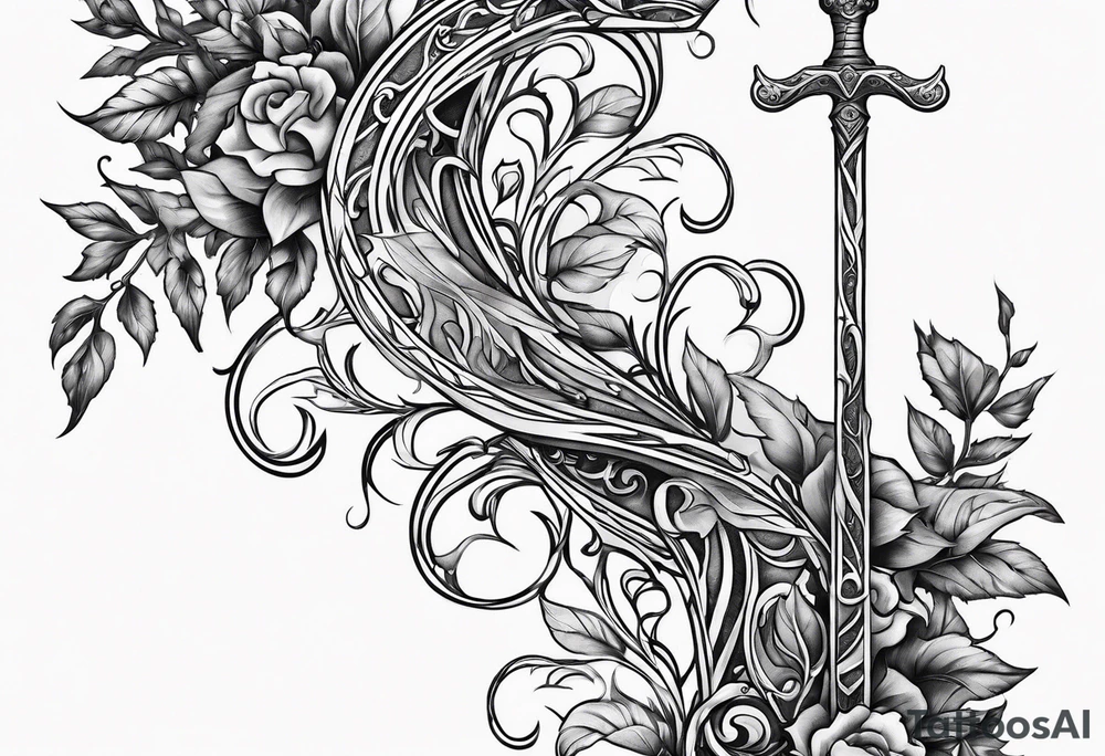 Leafy vines with sword tattoo idea