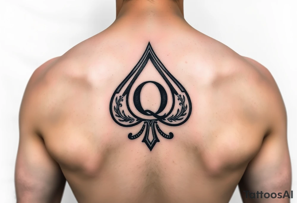 A spade womb tattoo with a Q in the center, with three points around the outside. The first reading, "BLACK". The second reading, "SEED". The third reading, "ONLY". tattoo idea