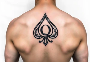 A spade womb tattoo with a Q in the center, with three points around the outside. The first reading, "BLACK". The second reading, "SEED". The third reading, "ONLY". tattoo idea