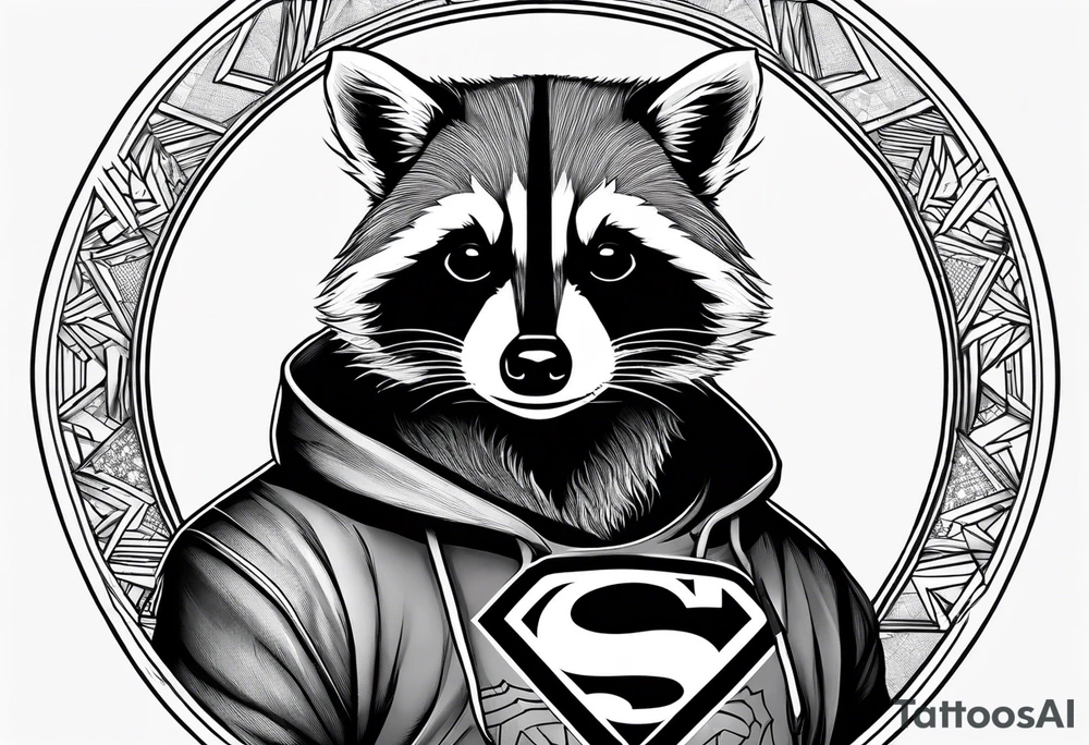 raccoon wearing a Superman hoodie tattoo idea