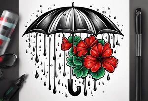 Upside down umbrella filled with geraniums rain droplets tattoo idea