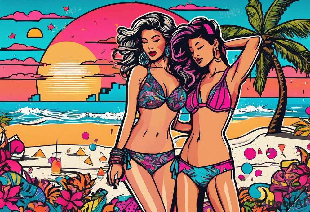 1980's miami vice style beach dance 
party, include confetti, music notes, boom box, bikinis sunset in the center tattoo idea