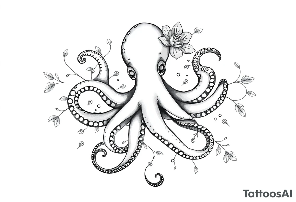 realistic octopus, detailed linework, intricate, black-and-grey shading, surrounded by floral ornaments, intertwining tentacles, thin black swirling lines, semi-transparent brown leaves, dotwork, ornamental flourishes, radiating design, fine-line style, minimalistic, organic flow, feminine, artistic, slightly surreal, seamless composition, marine botanical fusion, lifelike texture, graceful rhythm, smooth shading, soft leaves wrapping, blooming shoulder flower, outward radiating pattern, vine tentacle flow, integrated sea creature, botanical octopus curved body placement, natural organic movement tattoo idea