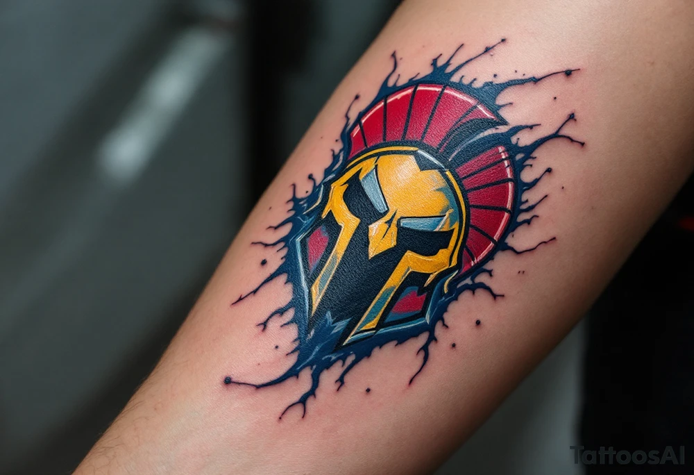 A bold red and yellow HC Sparta Praha logo blazing across a muscular forearm with icy blue shading. tattoo idea