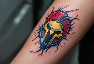 A bold red and yellow HC Sparta Praha logo blazing across a muscular forearm with icy blue shading. tattoo idea