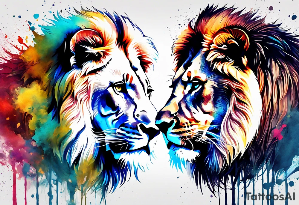 Two Lions. Water Colour splash back. Male and Female. Power and love. One protecting the other tattoo idea