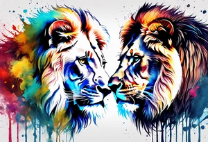 Two Lions. Water Colour splash back. Male and Female. Power and love. One protecting the other tattoo idea