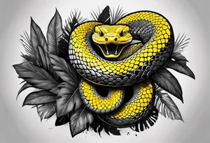Black and grey realistic yellow blotched pit viper snake with rainforest background on forearm. I want the snake to look aggressive with mouth open showing fangs tattoo idea