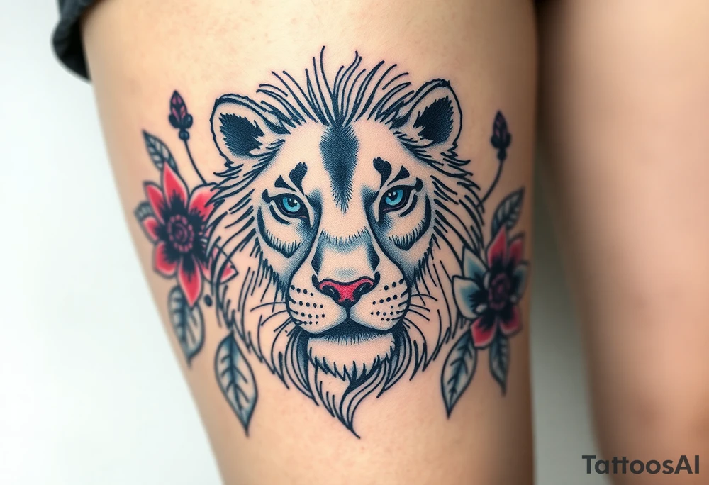 Lion with blue eyes surrounded by larkspur and water lily tattoo idea