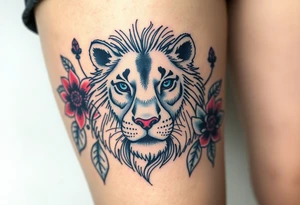 Lion with blue eyes surrounded by larkspur and water lily tattoo idea