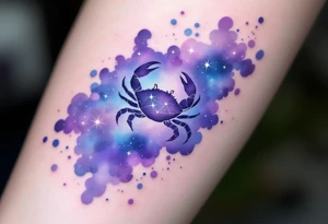 A watercolor nebula in shades of purple and blue cradles the Cancer star constellation and crab silhouette. tattoo idea