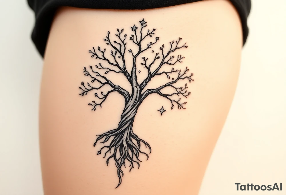 mystical tree of life with cosmic roots and celestial branches tattoo idea