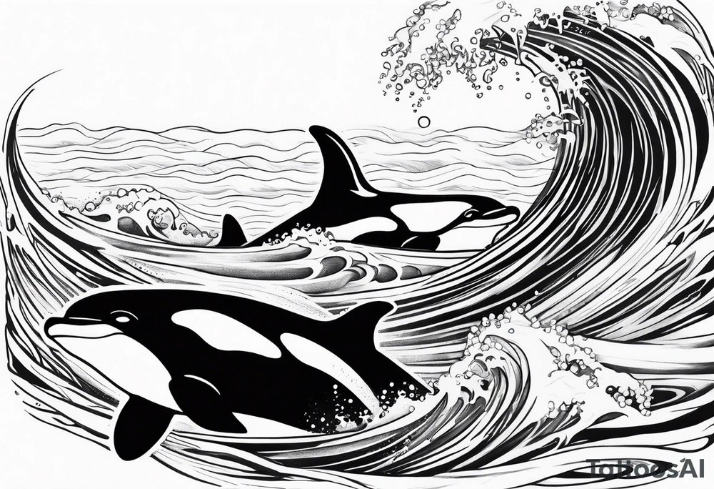 transient orca, Japanese realism, flowing, waves and kelp highlights tattoo idea