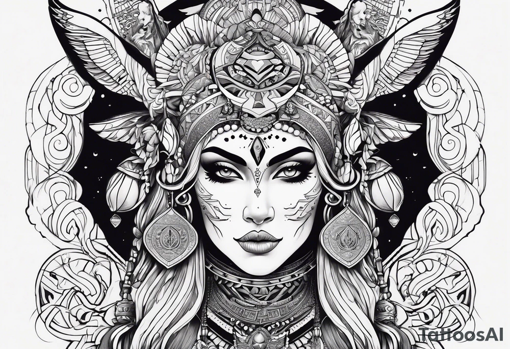 kali ma, alien goddess, valkrye, aries, pirate, divine feminine, zenza resonance, pachamama, lotus azul, blank panther, eagle, skull, 5D, nueva gaya, dna 12 tattoo idea
