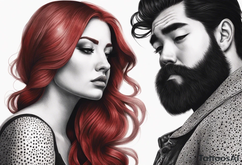Busty red haired woman with a bearded man who has black hair tattoo idea