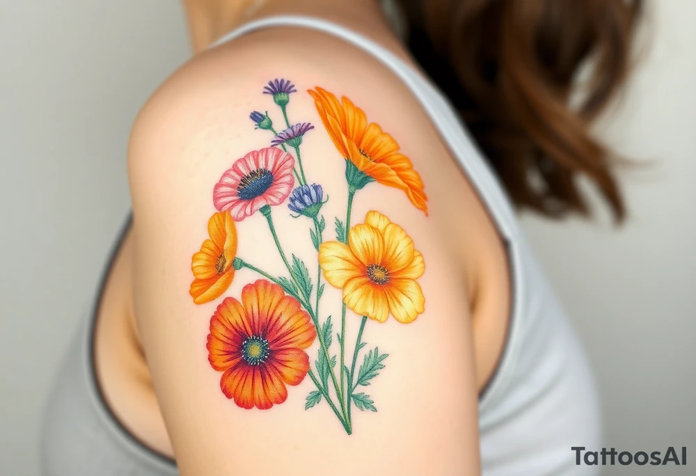 Create an image of an upper arm tattoo (from shoulder cap to just above the elbow) comprised of California poppies, California blackberries, gray’s lupine, marsh marigold, Indian paintbrush, one daisy, and an orange and orange blossom. More realistic and Use color tattoo idea