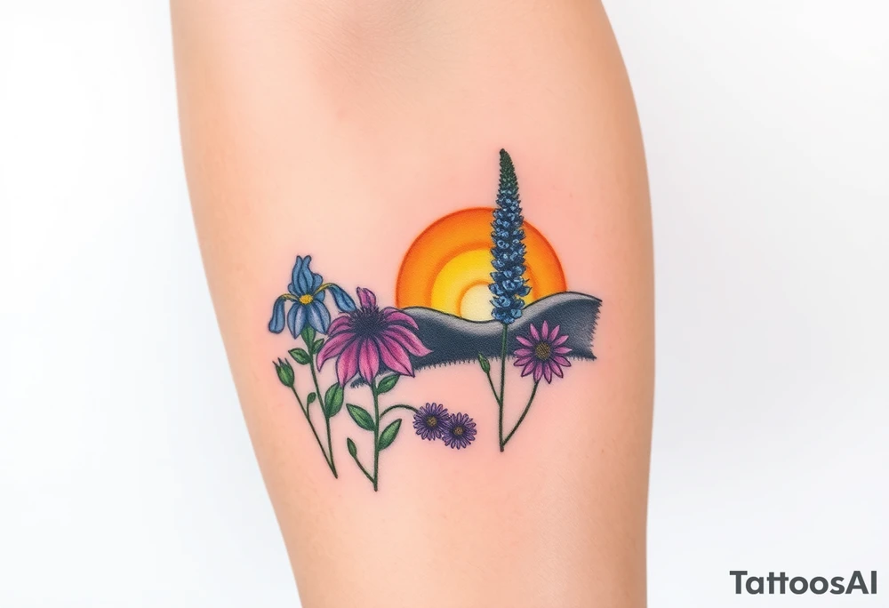 cutleaf coneflower, blue flag iris, bee balm, obedient plant, purple coneflower on a hill with a sunset tattoo idea