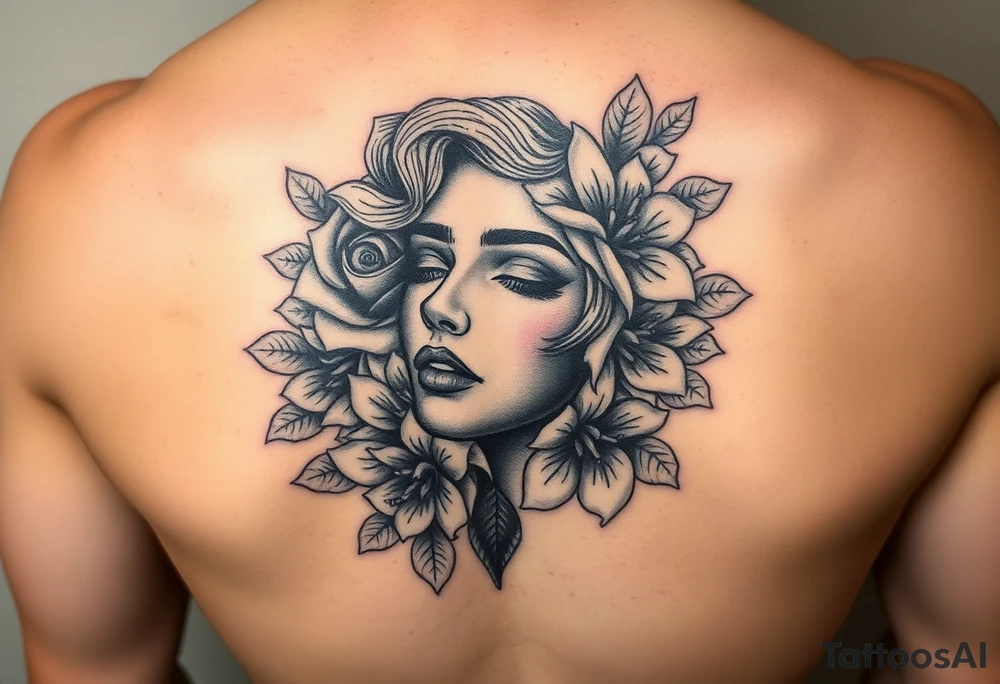 A detailed woman's face blended with roses, lilies, or cherry blossoms. tattoo idea