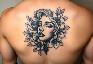 A detailed woman's face blended with roses, lilies, or cherry blossoms. tattoo idea