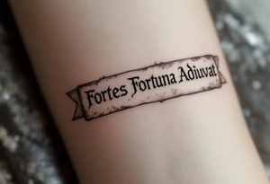 "Fortes Fortuna Adiuvat" (Fortune favors the brave), engraved in Roman capital letters on a stone-textured banner, shaded in grays and muted bronze for a warrior look. tattoo idea