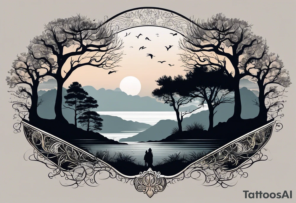 The tattoo will be a unique horizontal image. At the base, there will be a thin line to symbolize the horizon. Above it, various trees in silhouette with delicate details, representing different species, including oaks and pines among others, will be distributed along the horizon. The trees need to be interspersed with open spaces, creating a play of light and shadow. On the horizontal line, just after the sequence of trees starting from the left to the right, I would like to include a cabin with a small mountain behind it. tattoo idea