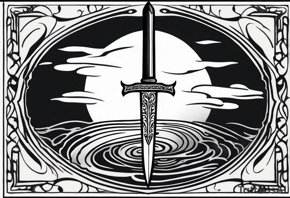 a sword with the idea of tranquility. THat has ripples resembling a pond. Brush strokes surrounding it. tattoo idea