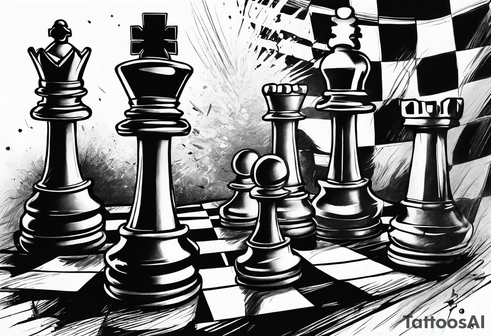 chess pieces falling down but the king remains on sold ground tattoo idea