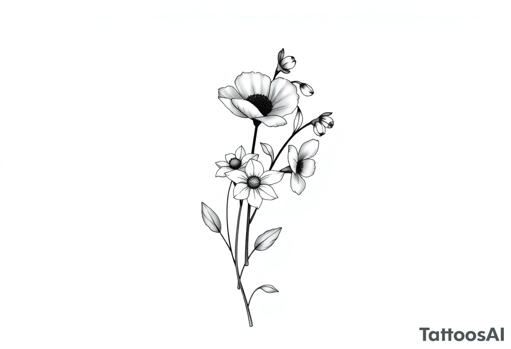 simple black and white tattoo with a bouquet from one stem with a poppy flower, lily of the valley flower , daffodil flower , water lily flower , daisy flower , with less lines and detail tattoo idea