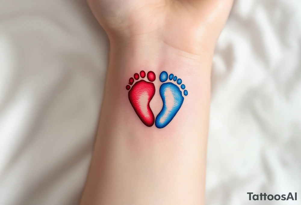 A red heart cradling a tiny blue baby footprint symbolizes eternal maternal love and protection. tattoo idea