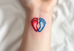 A red heart cradling a tiny blue baby footprint symbolizes eternal maternal love and protection. tattoo idea