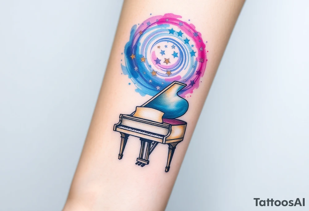 a grand piano under a swirl of stars tattoo idea