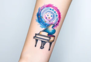 a grand piano under a swirl of stars tattoo idea