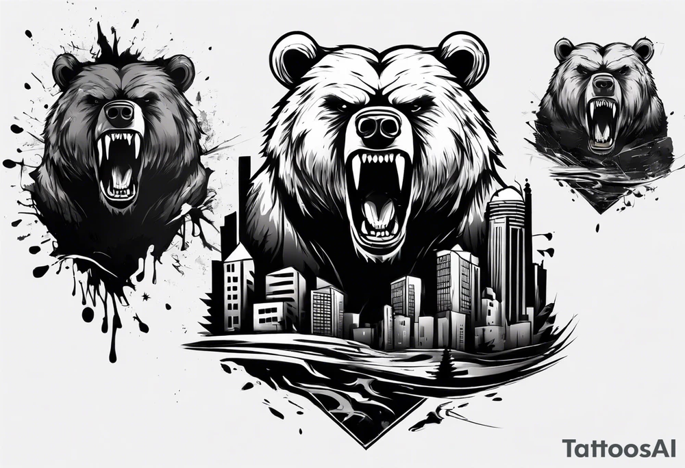 Angry bear coming up behind a city tattoo idea