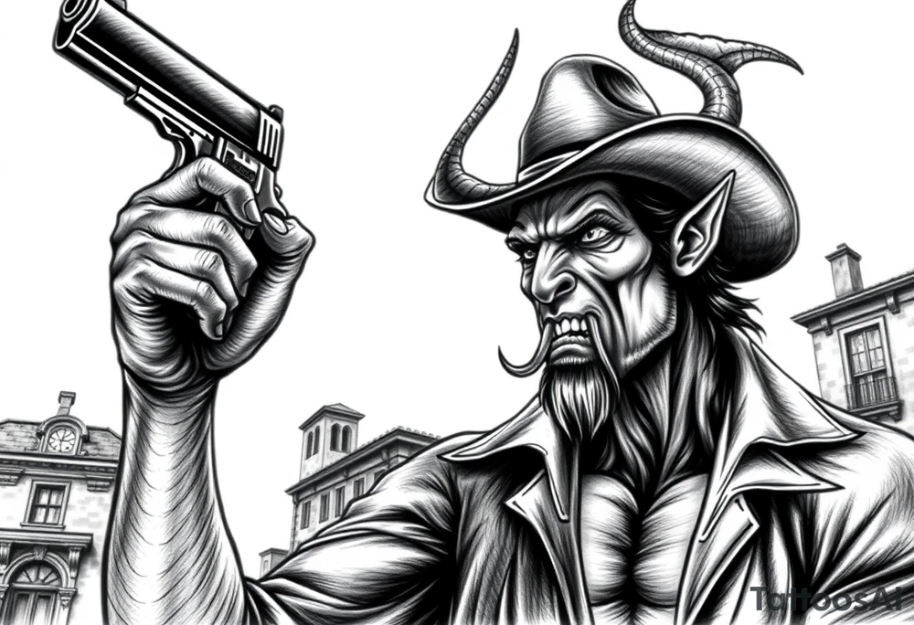 a demon with cowboy-hat ,a gun in a hand, old buildings in the background. tattoo idea