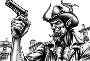 a demon with cowboy-hat ,a gun in a hand, old buildings in the background. tattoo idea