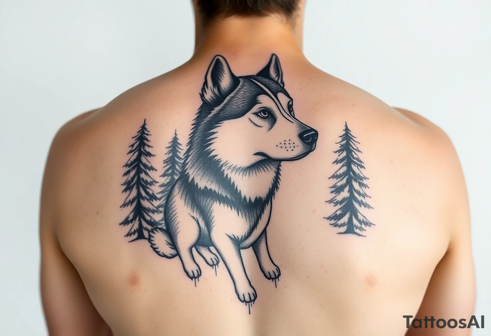 Majestic Siberian husky in a snowy forest scene tattoo idea